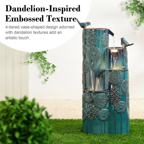Turquoise Outdoor Water Fountain With LED Lights And Pump Dope 4 Tier Dandelion Texture Vase Shaped Ceramic Floor Standing With Birds