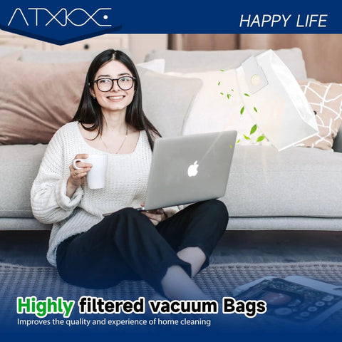Woman using laptop with Six Pack Type O Vacuum Dust Replacement Bags For Upright Vacuums That Use Type O Bags nearby on couch.
