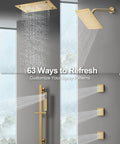 Hit Different Premium Brushed Gold Led Shower System With Bluetooth Speaker And Dual Ceiling Mounts featuring two rainfall shower heads and integrated body jets.
