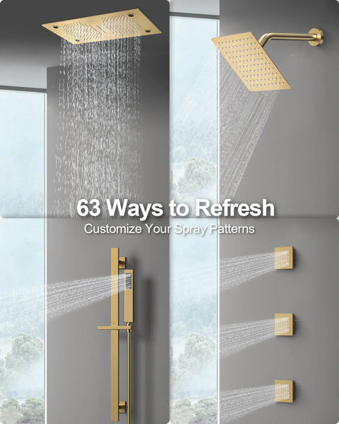 Hit Different Premium Brushed Gold Led Shower System With Bluetooth Speaker And Dual Ceiling Mounts featuring two rainfall shower heads and integrated body jets.