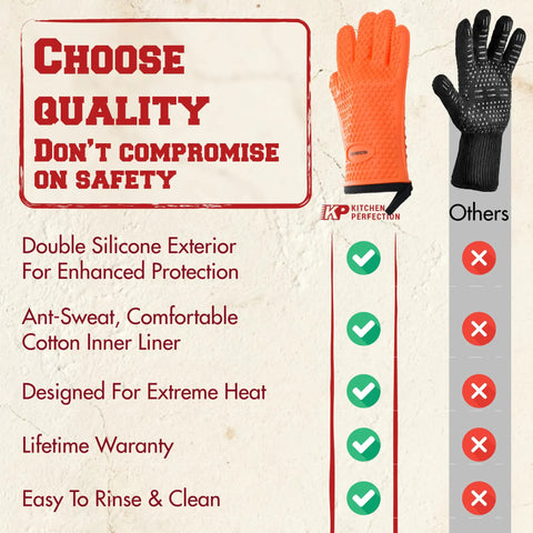Comparison chart showing silicone pizza oven gloves that handle 500F like a boss with waterproof oven mitts and non slip grip