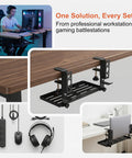 Adjustable Under Desk Laptop Holder With Integrated Cord Organizer Rack Quick Grip Edge Clamp mounted under a desk with cables organized.