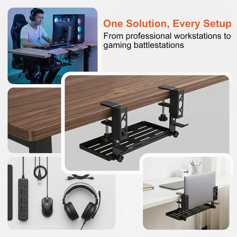 Adjustable Under Desk Laptop Holder With Integrated Cord Organizer Rack Quick Grip Edge Clamp mounted under a desk with cables organized.
