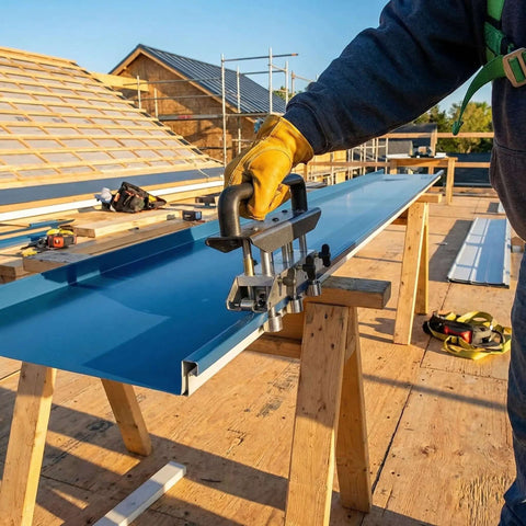 Worker using Heavy Duty Metal Sheet Roller Bender Tool For DIY Roofing And Bending Adjustable Three Station Roller on aluminum panel