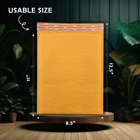 Kraft Bubble Mailers 8.5x12 Self Sealing Padding Envelopes 25 Pack displayed with size measurements and sealing flap
