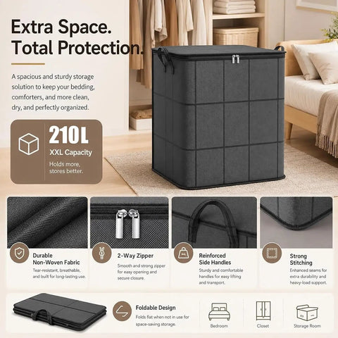 Big Roomy Fabric Storage Tote With Smooth Dual Zipper Foldable Closet Organizer For Quilts Bedding Moving Seasonal Coats, 210L capacity
