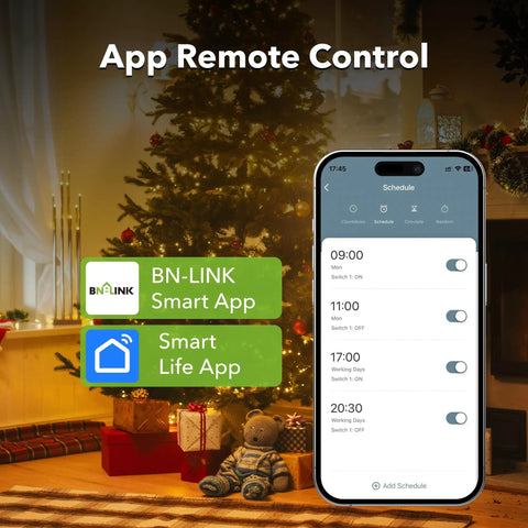 Phone displaying app schedule next to Christmas tree, highlighting 2 Pack WiFi Heavy Duty Smart Plug Outlet No Hub Required functionality.