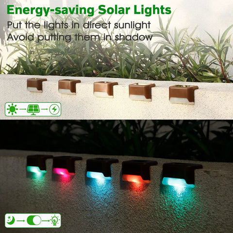 16 Pack Solar Deck Lights Outdoor Color Changing LED Waterproof Pathway Lights shown on fence, RGB glow at night.