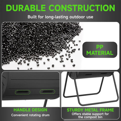 43 Gallon Dual Chamber Tumbler Compost Bin For Outdoor Gardens Durable construction details with PP material, handle, and metal frame.
