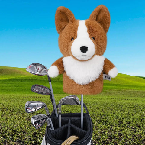 Corgi Driver Headcover Soft Plush Golf Club Cover Brown And White Totally Cute Corgi Design With Realistic Face And Paws Durable Material For Golfers Great Gift For Any Golf Enthusiast on a golf bag