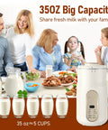 Automatic Nut Milk Maker For Homemade Almond Milk And Plant Based Milks Like Oat And Soy Yogurt With 5 Modes No Fuss 35 Oz Large Capacity Delayed Start Self Cleaning System with family enjoying drinks and nuts on table.