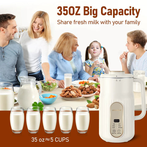 Automatic Nut Milk Maker For Homemade Almond Milk And Plant Based Milks Like Oat And Soy Yogurt With 5 Modes No Fuss 35 Oz Large Capacity Delayed Start Self Cleaning System with family enjoying drinks and nuts on table.