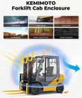 KEMIMOTO forklift cab enclosure on yellow forklift; clear PVC canopy with rear window