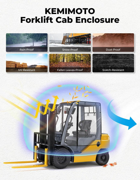 KEMIMOTO forklift cab enclosure on yellow forklift; clear PVC canopy with rear window