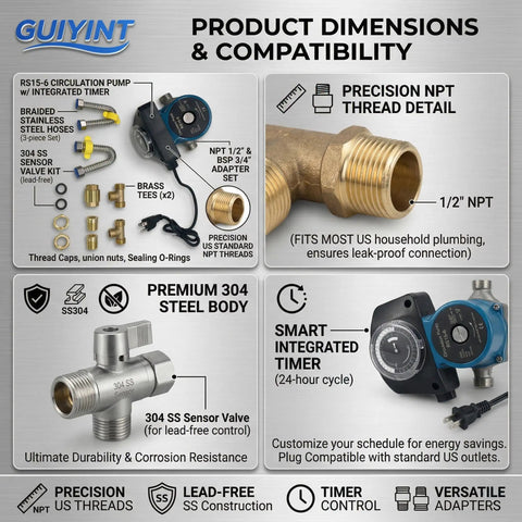 Under Sink Hot Water Recirculating Pump With Timer And 304 Stainless Steel Bypass Valve components and compatibility overview.