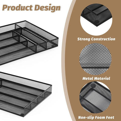 Durable Metal Mesh Silverware Organizer for Kitchen Drawers highlighted with strong construction, metal material, non-slip foam feet