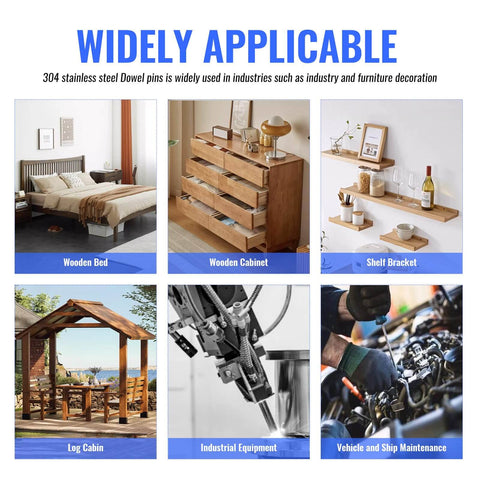 250 Pieces Stainless Steel Dowel Pins Set For DIY Shelving Cabinets Bunk Beds And Furniture Projects Featuring 10 Of Each Size From M2 To M5 Durable Rust Resistant Hardware For Pegs And Shelf Brackets in various applications like wooden beds, cabinets, and shelf brackets.