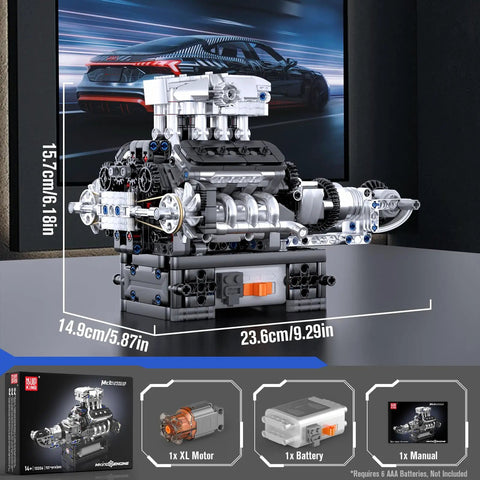 Detailed view of V8 Engine Build Kit That Runs Create Your Own Car With Realistic Combustion Engine Blocks assembled on a table.