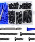 Professional Grade Black Self Tapping Screws Combined With 150 Corrosion Resistant Drywall Plastic Anchors For Rock Solid Mounts And No Sweat Home Fix Hacks in storage box with various sizes.