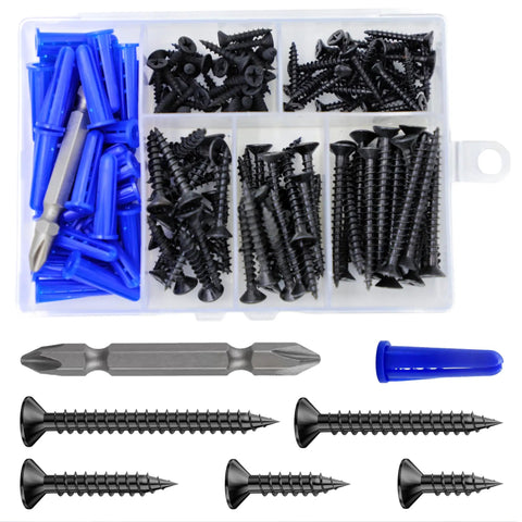 Professional Grade Black Self Tapping Screws Combined With 150 Corrosion Resistant Drywall Plastic Anchors For Rock Solid Mounts And No Sweat Home Fix Hacks in storage box with various sizes.