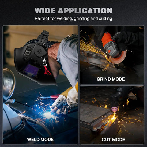 Auto Darkening Welding Helmet With Panoramic Side View And Extra Large 6.22 By 2.8 Inch Viewing Screen in weld, grind, cut modes