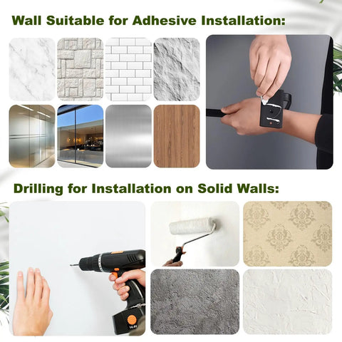 Installation options for Three Pack Bathroom Glass Shelf Organizer Wall Mount Extra Thick 0.34 Inch Tempered Glass With Aluminum Frame Black Finish 15.7 Inch Long One Tier Storage Shelf That Handles Up To 30 Pounds Like A Boss, showing adhesive and drill installation methods on various wall types.
