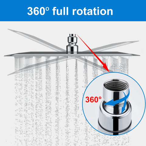 12 Inch High Pressure Rain Shower Head Square Chrome Stainless Steel Bath Showerhead With Full Body Waterfall Coverage Self Cleaning Silicone Nozzles Game Changer Ultra Thin Air In Technology Ideal For Low Water Pressure Homes showing 360-degree rotation feature.