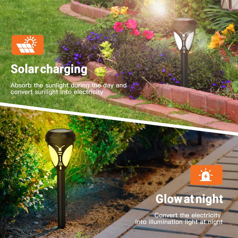 Six Pack Warm White Solar Pathway LED Lights With Spike Stands Waterproof Outdoor Garden Lawn Driveway Walkway Landscape Lighting For Patio Street And Yard glowing at night beside path
