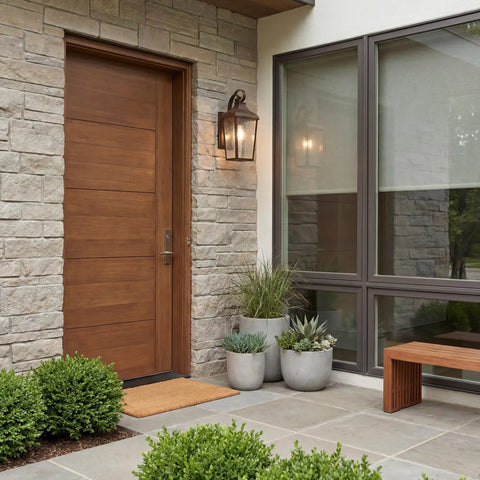 Forestdale 14.75 Inch One Light Outdoor Wall Lantern With Clear Seeded Glass In Olde Bronze Finish next to wooden door