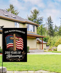 Blessings America Garden Flag 12x18 Burlap Double Sided All American Patriotic Cross Design With American Flag One Nation Under God 250 Years Of Blessings Outdoor Yard Flag For Patriot Folks displayed in a yard.