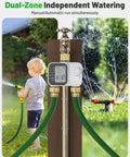 Heavy Duty Two Zone Sprinkler Timer With Brass Inlet For Garden Hose in use, child watering lawn, dual zone operation
