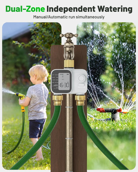 Heavy Duty Two Zone Sprinkler Timer With Brass Inlet For Garden Hose in use, child watering lawn, dual zone operation