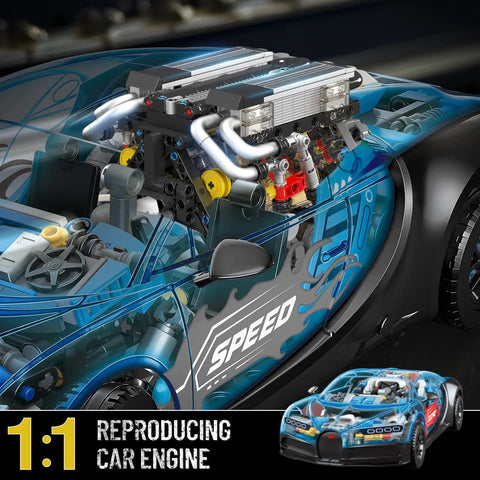 W16 Engine Building Kit That Lets You Build Your Own 16-Cylinder V8 Power, Turbocharged STEM Car Engine Model in blue car model