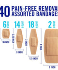 Painless-Removal Bandages 40-Pack sizes, strong 24-hour adhesive, water-resistant fabric, nonstick pad, assorted small medium large.