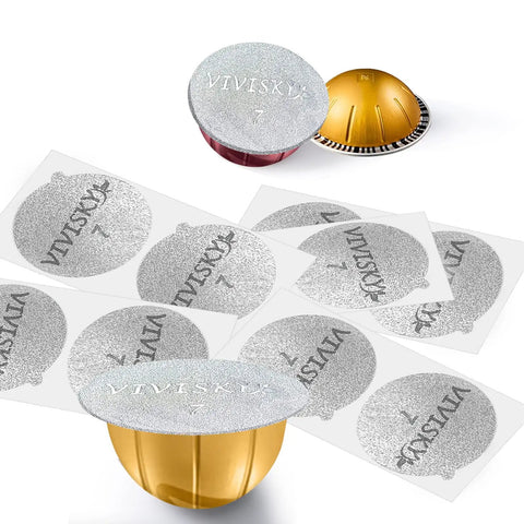 Aluminum Foil Lids For Reusable Nespresso VertuoLine Pods 120 Pack, coffee pod seals with easy peel adhesion on pods.