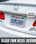 Stainless Steel License Plate Frame Set With Chrome Screw Caps Slim 2 Hole Design Rustproof Mirror Silver Finish on car