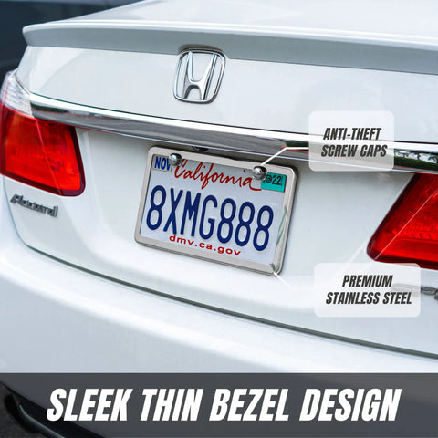 Stainless Steel License Plate Frame Set With Chrome Screw Caps Slim 2 Hole Design Rustproof Mirror Silver Finish on car