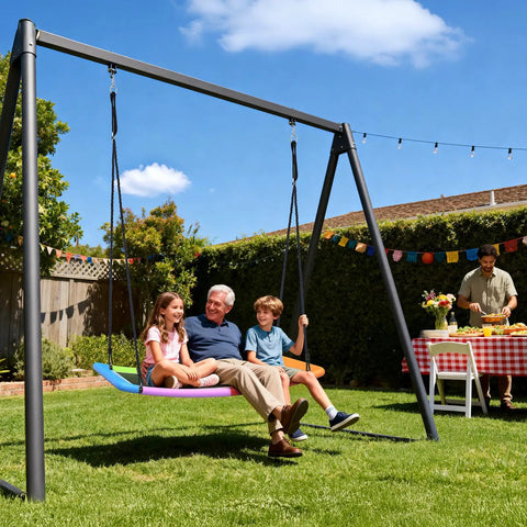 700 Pound Capacity Giant 60 Inch Skycurve Platform Tree Swing For Kids And Adults With Two Hanging Straps Rainbow Patented Design Perfect For Backyards And Outdoor Playgrounds Safer Longer Fun With Easy Assembly. Image shows elderly man with two kids enjoying rainbow swing.