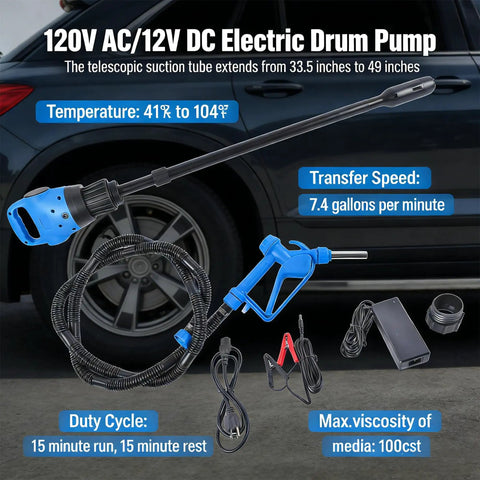 Badass Heavy Duty Electric Drum Pump For Fifty Five Gallon Barrels Runs Smooth On 120V AC Or 12V DC with suction tube and accessories.
