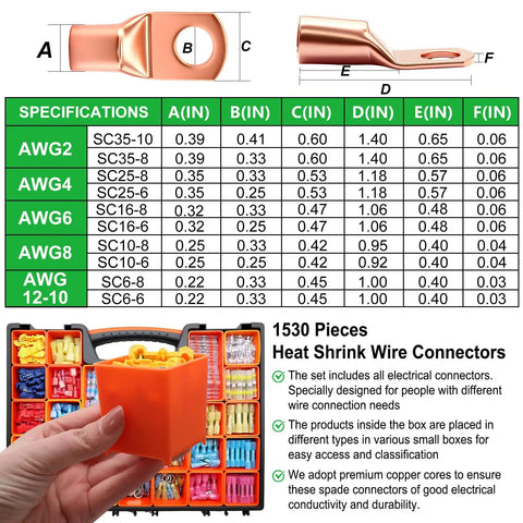 All In One Waterproof Heavy Duty Heat Shrink Wire Connector Kit With Copper Lugs Insulated Spade Fork Ring T Tap Butt Splice And Male Female Terminals For Automotive Electrical DIY Projects, showing specifications and organized box.
