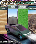 Rad All Terrain RC Pickup Truck With LED Lights And Load Space, Blazing Fast Electric Remote Control Car Toy For Kids And Adults, Color Change Green Purple showcased on sand, road, meadow, and off-road terrains.