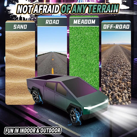 Rad All Terrain RC Pickup Truck With LED Lights And Load Space, Blazing Fast Electric Remote Control Car Toy For Kids And Adults, Color Change Green Purple showcased on sand, road, meadow, and off-road terrains.