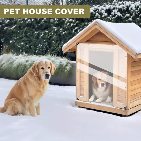 Dog in wooden pet house with snow around, using Beefed-Up Heavy Duty 14Mil Clear Tarp 3x6ft With Grommets Waterproof cover