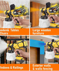 Score Big On Home Jobs With This Cordless Paint Sprayer used on wooden furniture, railings, and exterior walls.