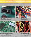 Image of various wiring issues: exposed switches, cord clutter, overcrowded modular power supply, and difficult to recognize cords.