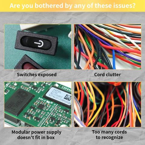 Image of various wiring issues: exposed switches, cord clutter, overcrowded modular power supply, and difficult to recognize cords.