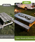Comparison of a wooden picnic table before and after using a picnic table cover with bench covers for outdoor RV patio use