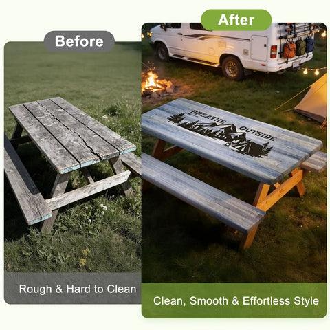 Comparison of a wooden picnic table before and after using a picnic table cover with bench covers for outdoor RV patio use