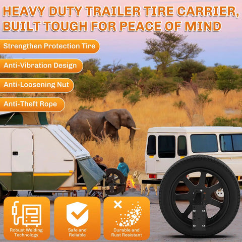Beefy Heavy Duty Spare Tire Carrier For Utility Boat Trailers, Built From 5mm Steel, with rugged mount and trailer scene in background