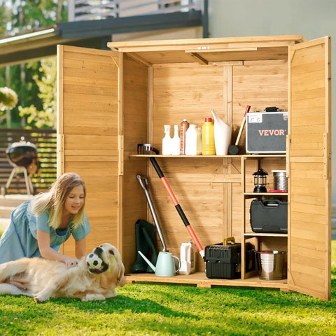 Rugged Outdoor Wood Storage Shed With Waterproof Roof And Metal Frame, Double Lock Doors And Shelves, open in backyard